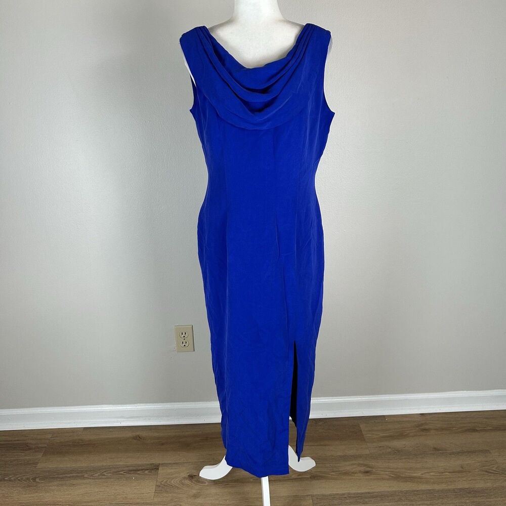 Size 10 L Maxi Dress 100% Silk Cowl Neck Blue Gala Event Party Slit Sheath Chic